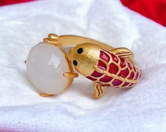 Koi Fish Jade Ring For Mother's Day Gift Cute Animal Enamel Ring For Lunar New Year Aesthetic Gold Adjustable ring