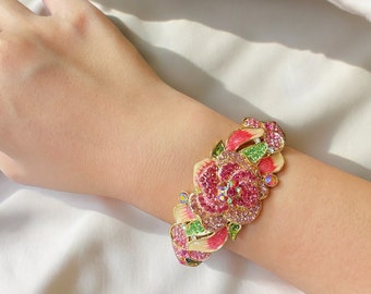 Cloisonne Flower Bangle With Rose | Gold Enamel Botanical Bracelet For Get Well Soon Gift | Unique Jewelry Best Friend Gift