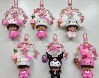 Handmade Monchhichi Hello Kitty Keychains with Charms