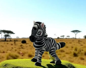 May include: A small, toy zebra figurine with black and white stripes stands on a patch of green grass. The zebra has black hooves and a black mane. The background features a savanna landscape under a clear blue sky.