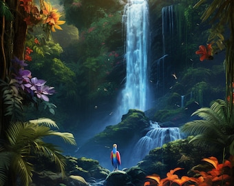 Tropical Rainforest Waterfall Art Print, Nature Hiking Paradise (Digital Download)