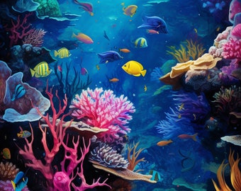 Coral Reef Art Prints (Set of 4) - Vibrant Ocean Aquatic Wall Art (Digital Download)