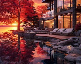 Lake House Sunset Art Prints, Tranquil Lakeside View (Digital Download)