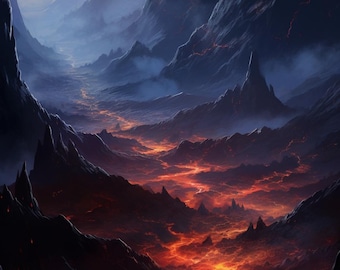 Volcanic Lava Landscape Art Print, Dark Fantasy Realm (Digital Download)