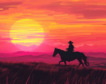 Cowboy Sunset Wall Art: Lone Rider Silhouette, Wild West Decor (Digital Download)