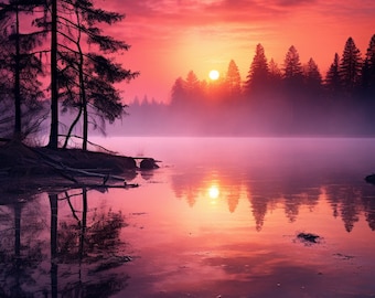 Lake Sunrise Art Prints, Mist Covered Landscape (Set of 4) (Digital Download)