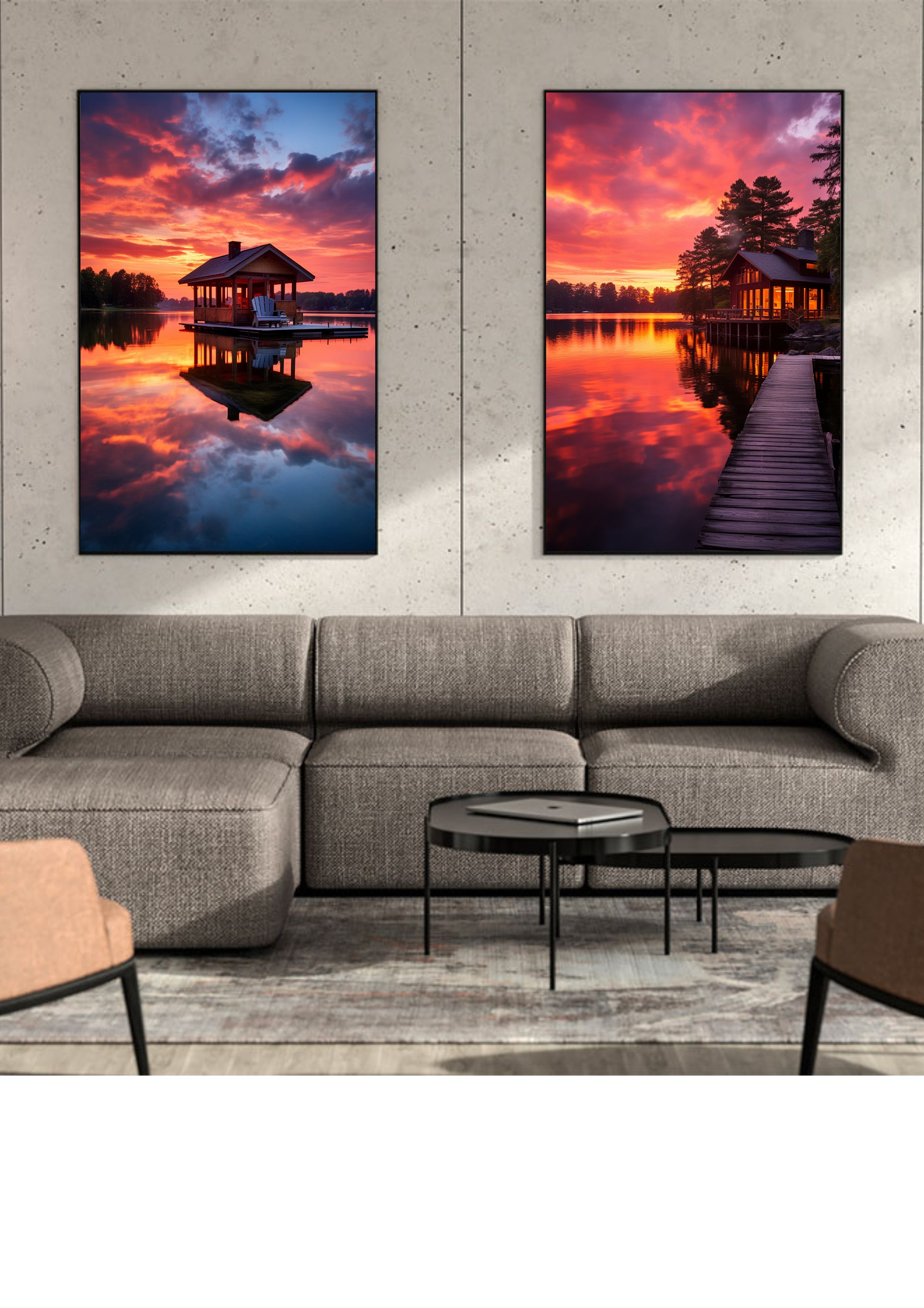 Lake-house Retreat Sunrise Sunset Set of 4 Wall Art Prints Nature Lake ...