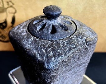 Suzu-yaki Black Pottery Incense Burner (Koro) by artist Shinohara Takashi, signed.
