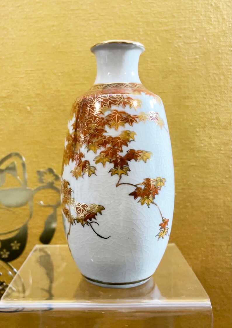 Vintage Satsuma Uchida Bud Vase With Autumn Maple Leaf and Landscape