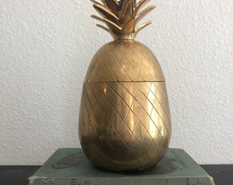 Brass Pineapple ~ Vintage ~ Canister ~ Jar ~ Trinket Box ~ Removable Pineapple Crown ~ Great Patina ~ Coin Catch-All ~ 4x8"