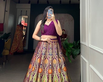 Banarasi silk purple lehenga choli for women indian wedding party wear lehengas bridemaids chaniya choli bollywood lehengas ready to wear