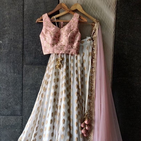 Georgette Lehenga Choli ivoire pour femme, tenues de mariage indiennes Ghagra Choli, tenues de soirée de créateurs Lengha Choli, demoiselle d'honneur, tenues de réception lengha