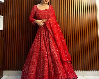 Red Lehenga choli For Women Indian Designer Wedding Wear Lucknowi Embroidery Work Chaniya choli Ready to wear indian Function Wear lehengas