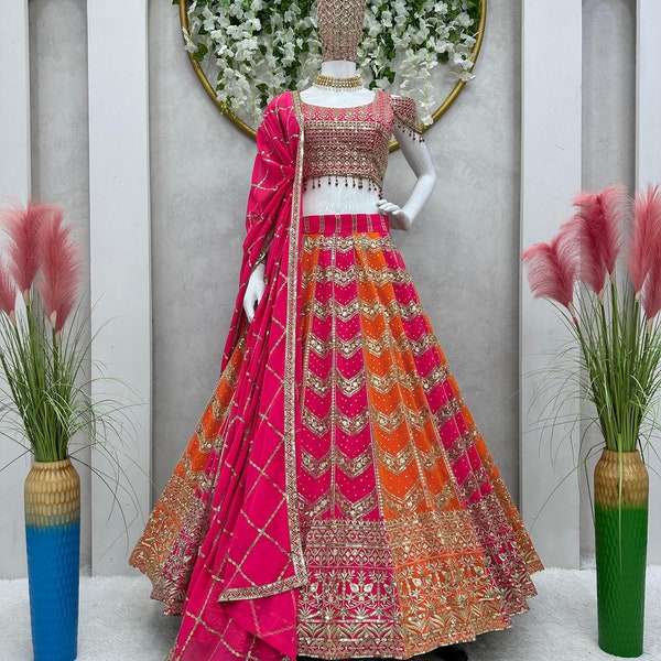 Deep pink and orange lehenga choli for women Indian wedding wear bridal party wear lehenga sangeet mahendi function reception wear lehengas