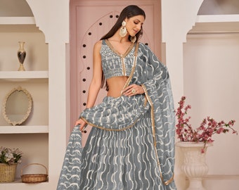 Grey Lehenga choli for women Indian Wedding Wear Chaniya Choli Butterfly Net Embroidery Work Chaniya choli Function Wear Ready to wear lehen