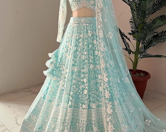 Sky blue Net Lehenga choli for women indian Wedding Wear Thread with Sequance Work Reception Wear Chaniya Choli Function Wear indian outfits