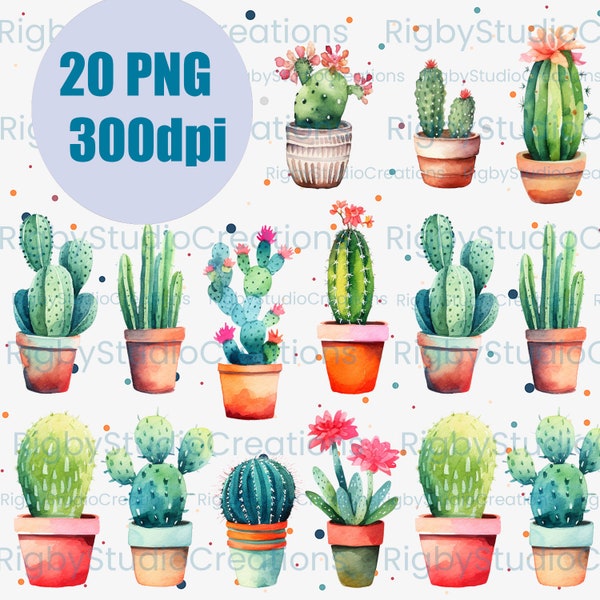 Watercolor Cactus clip art, PNG format instant download, High-Quality Images 300dpi