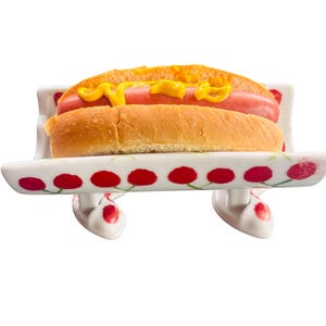 Hand-Painted Cherry Ceramic Hot Dog Holder | Whimsical BBQ Serving Dish