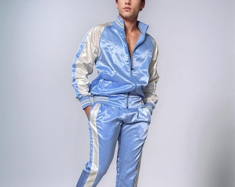 Survêtement en nylon satiné brillant pour homme | Ensemble jogging deux pièces | Tenue streetwear rétro athlétique