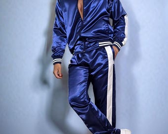 Shiny Satin Nylon Tracksuit Men’s | Two-Piece Jogging Set | Retro Athletic Streetwear Outfit