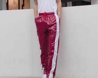 High-Shine PU Track Pants – Red Athletic Joggers with White Stripe Detail