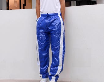 High-Shine PU Track Pants – Royal Blue Athletic Joggers with White Stripe Detail