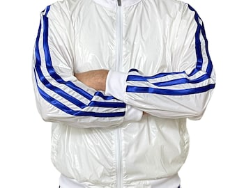 Prestazioni brillanti: top da jogging sportivo trasparente in nylon PU in bianco lucido/blu