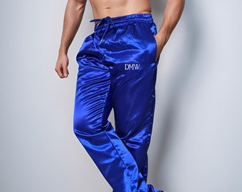 Royal Blue Shiny Satin Track Pants – Glossy Athletic Joggers with Mesh Inner Lining & Side Zipper Detail for Comfort - Style
