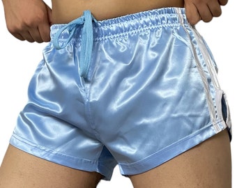 Chic Retro Style: Nylon Satin Sky Blue Shorts with Sporty Sprint Design