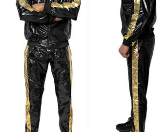 Shine in Style: The Ultimate PU Nylon Sport Jogging Suit Black Gold