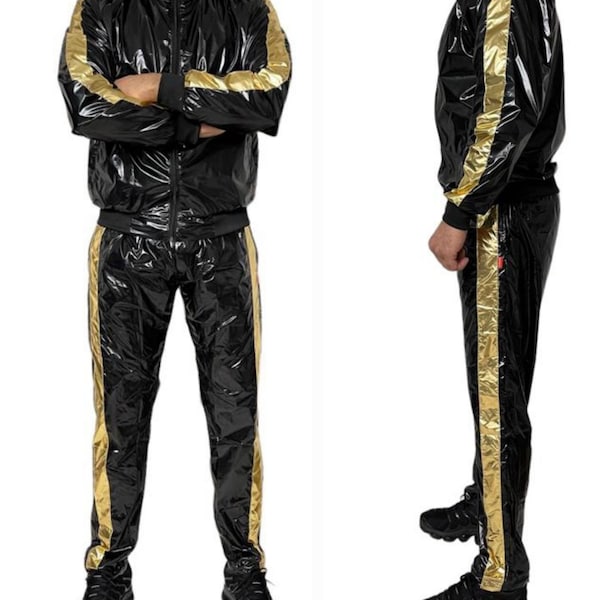 Shine in Style: The Ultimate PU Nylon Sport Jogging Suit Black Gold