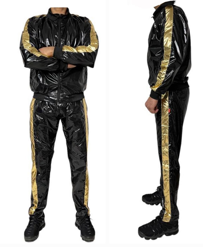 Shine in Style: The Ultimate PU Nylon Sport Jogging Suit Black Gold Bild 1