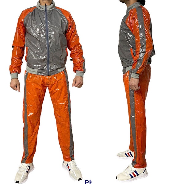 Shine in Style: The Ultimate PU Nylon Sport Jogging Suit Orange/Grey