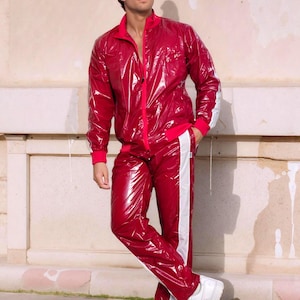 PU Nylon Track Set – Glossy Red and White Striped Athletic Suit for Men & Women