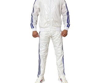 Vêtements de sport éblouissants : libérez votre brillance avec la combinaison de jogging ultime en nylon PU transparent en blanc/bleu