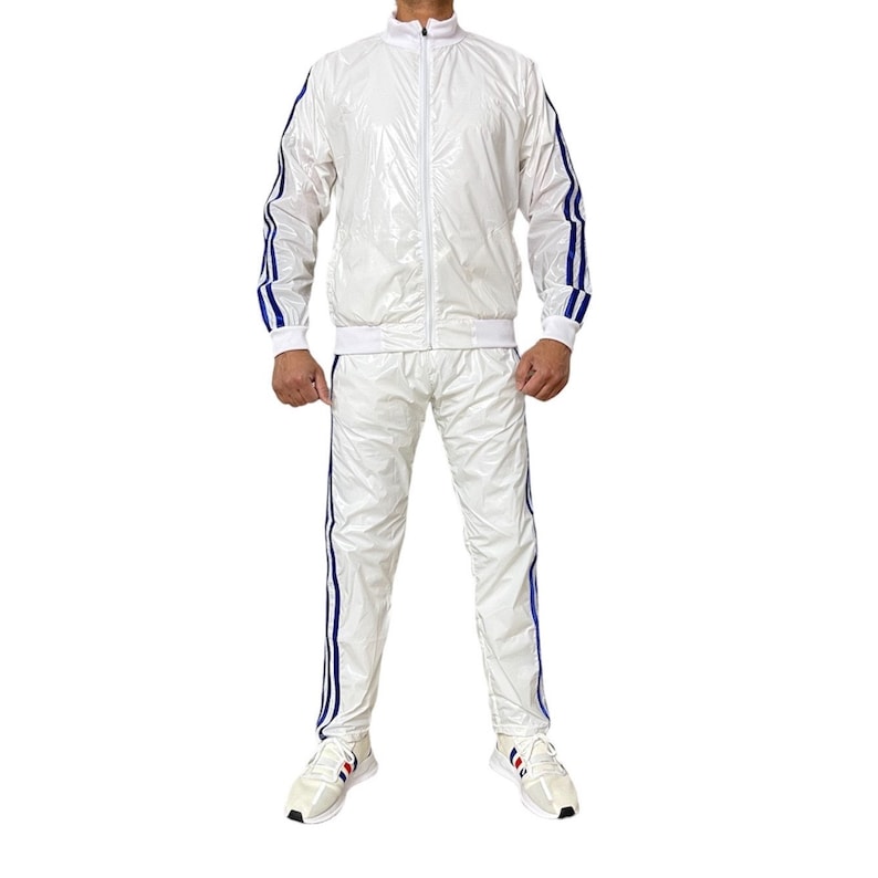 Abbigliamento sportivo abbagliante: scatena il tuo splendore con la tuta da jogging in nylon PU trasparente per eccellenza in bianco/blu immagine 1