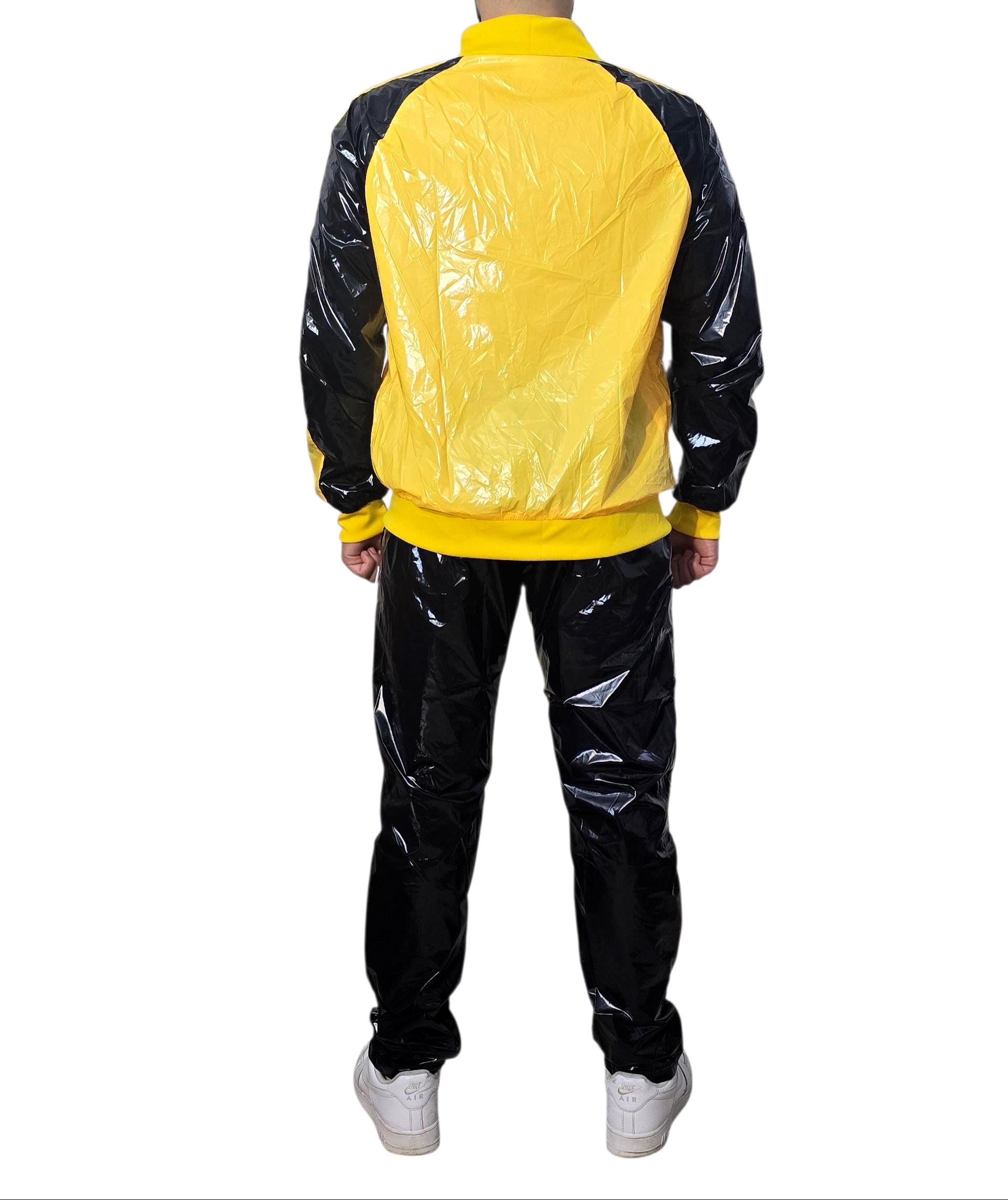 PU Nylon Track Set – Glossy Yellow and Black Athletic Suit for Men 