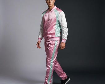 Pink & Light Teal Shiny Satin Tracksuit with side stripes – men's and women's sporty two-piece jogging suit, perfect for casual wear