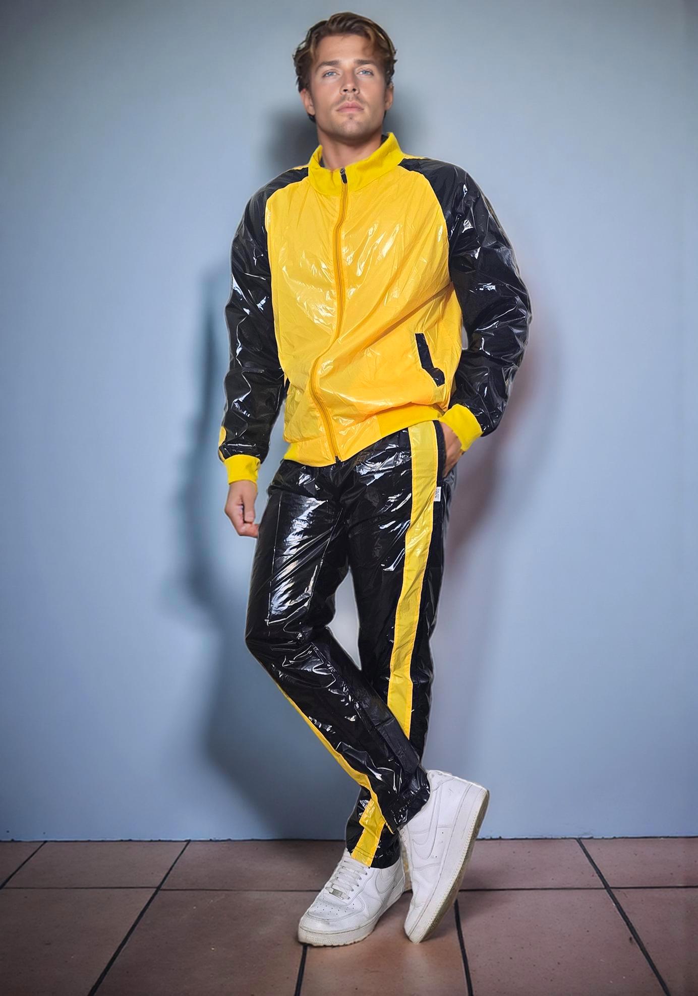 PU Nylon Track Set – Glossy Yellow and Black Athletic Suit for Men 
