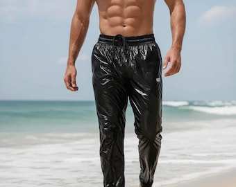 Shiny Black PU Nylon Joggers – Glossy Track Pants with Breathable Mesh Inner Lining & Sleek Zipper Details