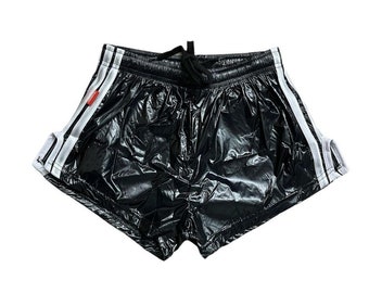 Black PU Nylon Sport Sprint Shorts mit Gummizug Retro Shorts