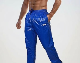 Glossy Royal Blue PU Nylon Joggers – Glossy Track Pants with Breathable Mesh Inner Lining & Sleek Zipper Details