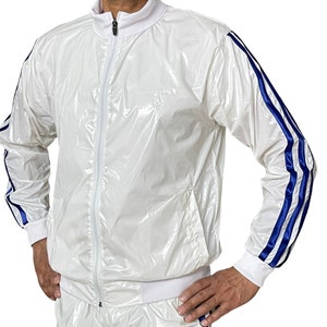 Radiant Performance: PU Nylon Transparent Sport Jogging Top in Shiny White/Blue image 2