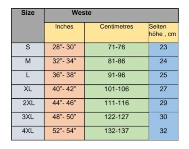 Puede incluir: Tabla de tallas con medidas en pulgadas y cent&iacute;metros. Las tallas van de la S a la 4XL, con medidas de cintura de 28"-30" (71-76 cm) a 52"-54" (132-137 cm). Incluye medidas de altura lateral en cm.