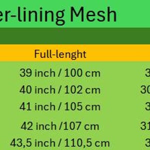 May include: A size chart for IS-90 Satin Inner-lining Mesh featuring columns for Size, Waist, Full-lenght, Inseam, and Bottom. The table lists measurements in inches and centimeters for sizes S, M, L, XL, and 2XL on a green and yellow background.