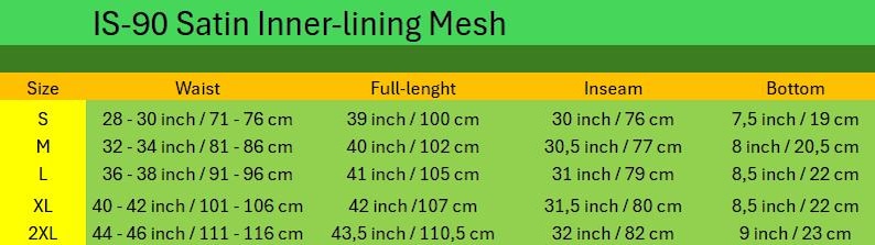 May include: A size chart for IS-90 Satin Inner-lining Mesh featuring columns for Size, Waist, Full-lenght, Inseam, and Bottom. The table lists measurements in inches and centimeters for sizes S, M, L, XL, and 2XL on a green and yellow background.