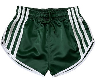 Green Sleek Nylon Satin Retro Shorts: Channeling Elegance and Sporty Athleticism