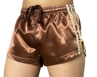 Chic Retro Style: Nylon Satin Brown Shorts with Sporty Sprint Design