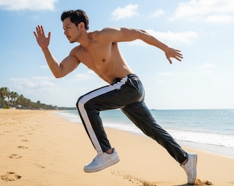 Pantalones deportivos de PU de alto brillo – Pantalones deportivos negros con detalle de raya blanca