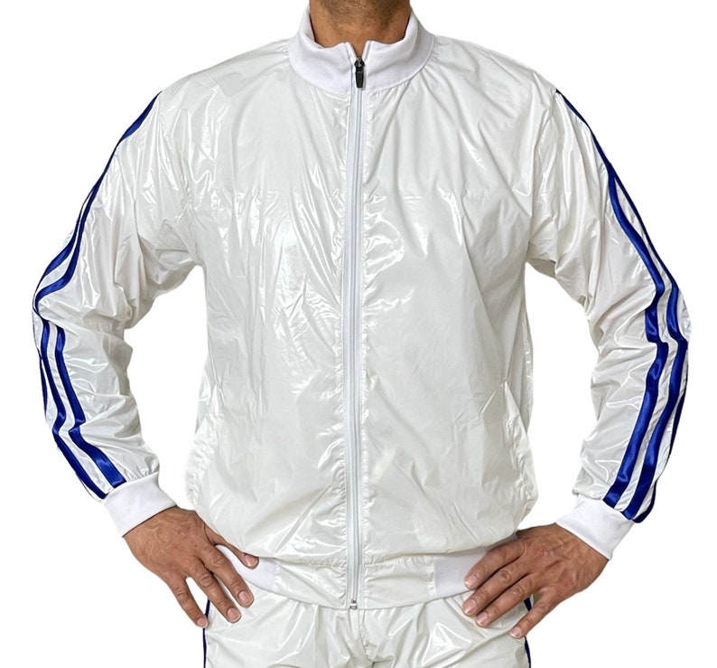 Radiant Performance: PU Nylon Transparent Sport Jogging Top in Shiny White/Blue Bild 3